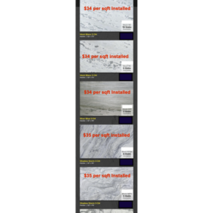 Marble Options – Special while supply last !$34–$35 per sqft  Installed Supplier Easy Stone: Mont Blanc (Blocks #183, #185), River Blue (Block #2137), Shadow Storm (Blocks #10704, #26771), Indo Statuario (Block #561)